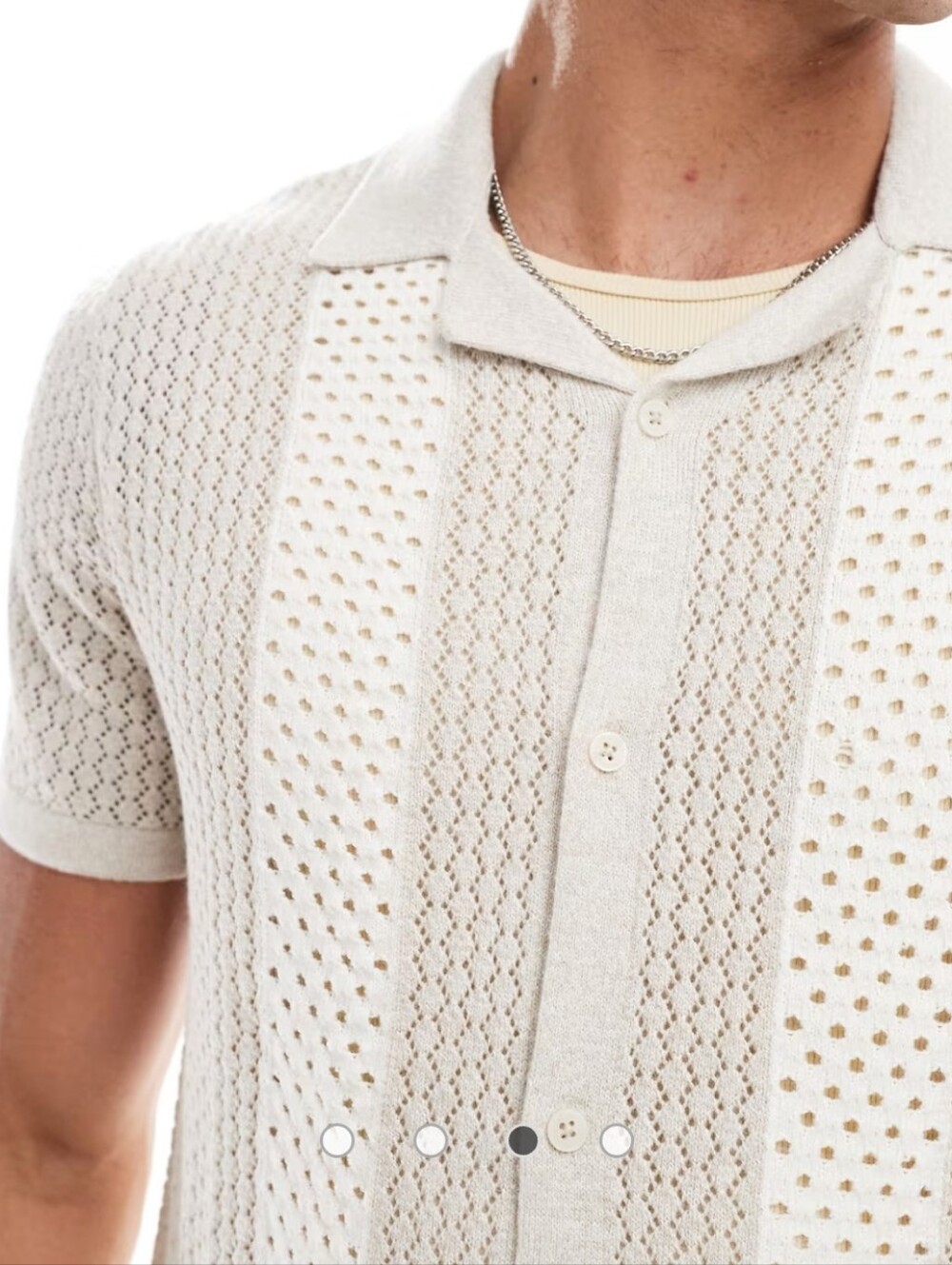 Hollister Sweater Mens Small Beige Open Knit Crochet Short Sleeve Button Front